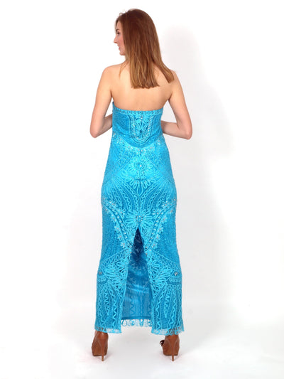 Long festive dress of turquoise color