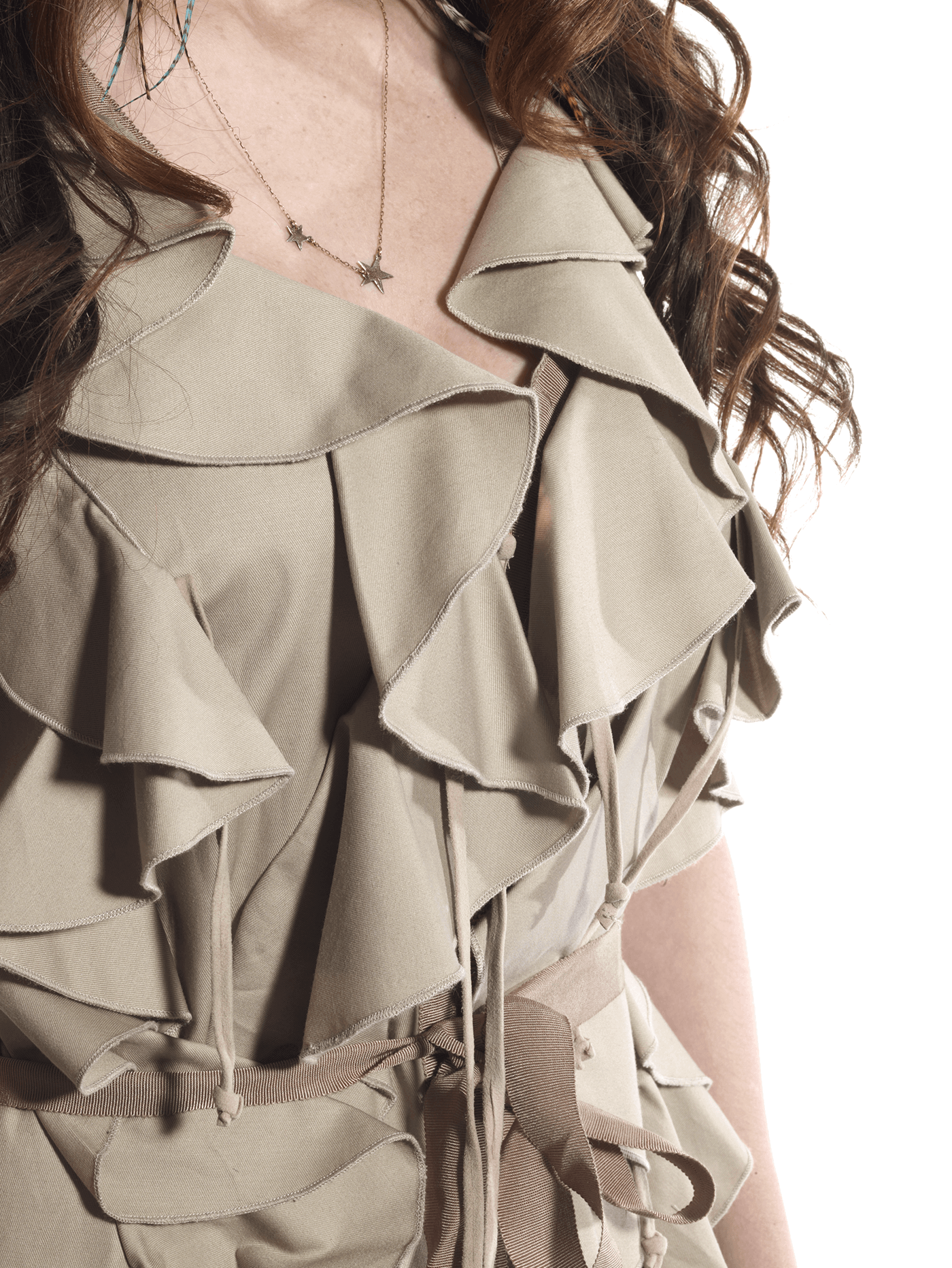 Casual Dress in Tan- Chic Belt- Front Zipper- Ruffled Detail