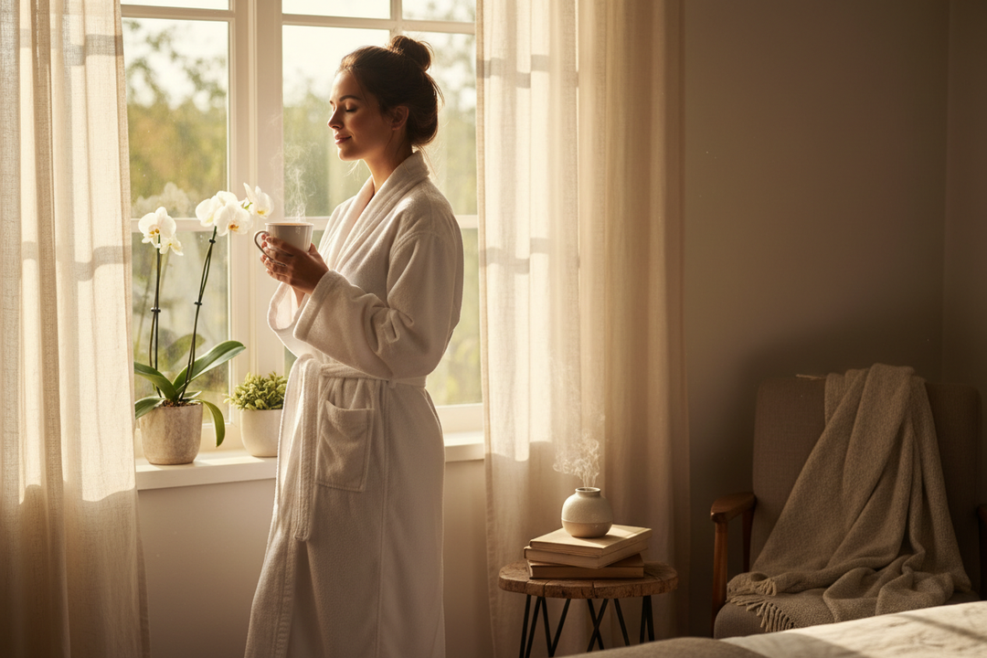 A woman in a white Turkish cotton robe holding a warm cup by a window in soft morning light