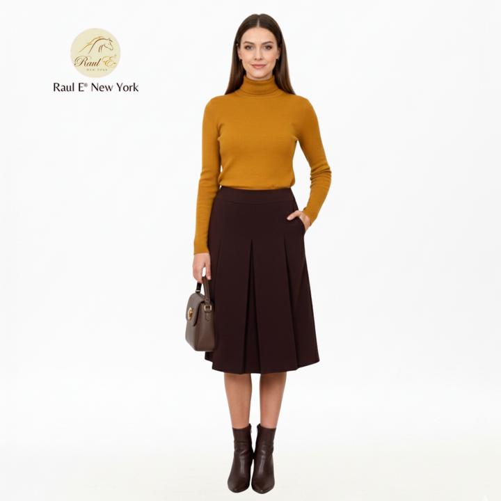 Brown Pleated A-Line Skirt