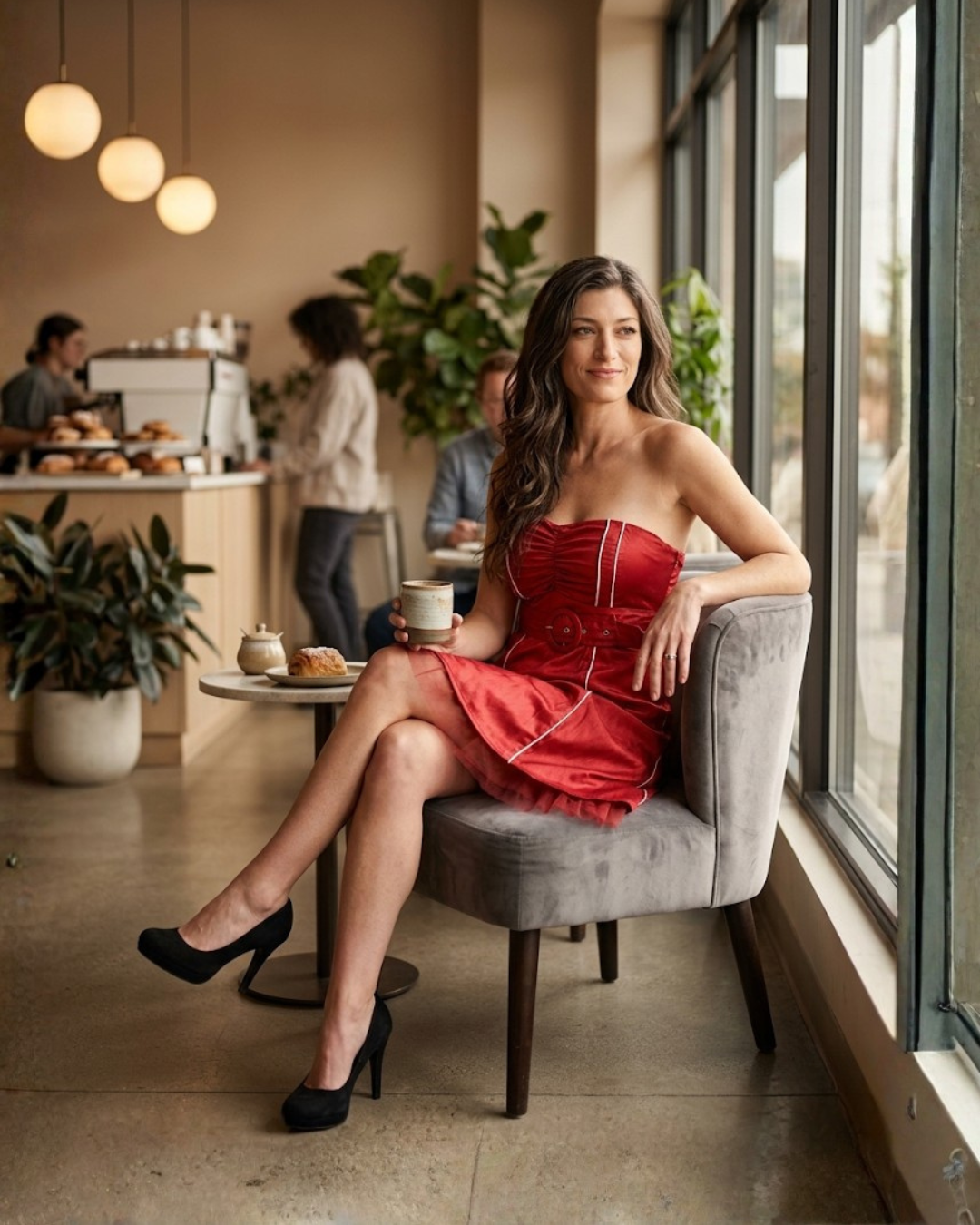 Belted Strapless Dress with Pinstripes