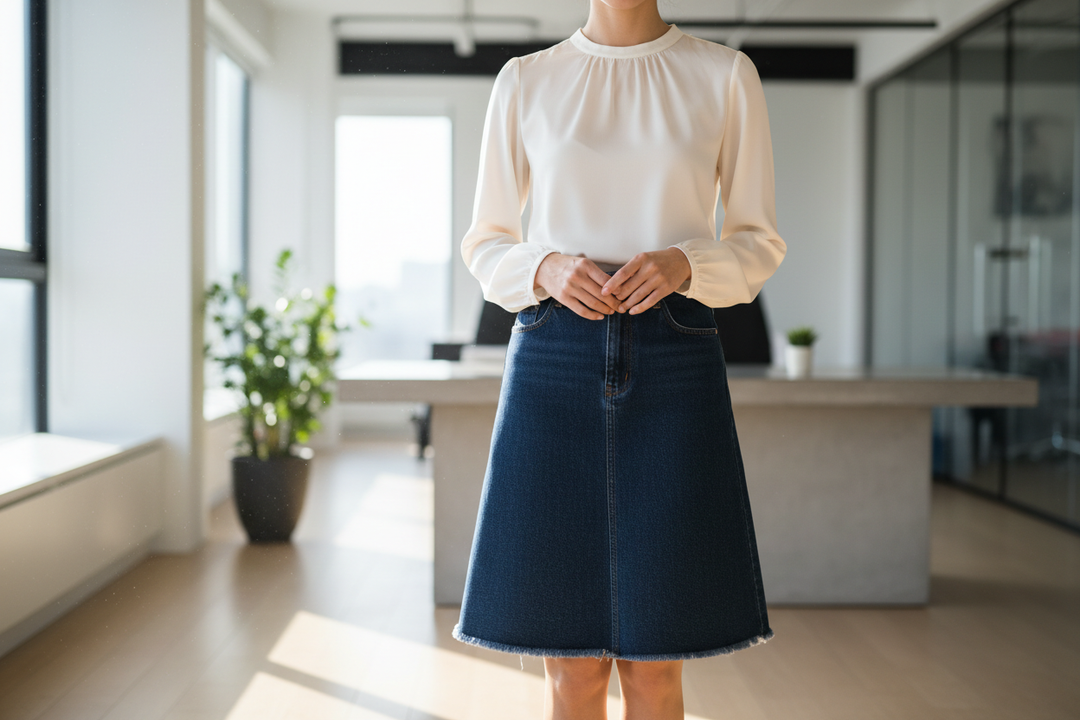 A woman wearing a dark denim A-line skirt below the knee with a fringed hem edge, paired with a cream silk blouse, standing confidently in a modern office, soft natural light, little below the knee