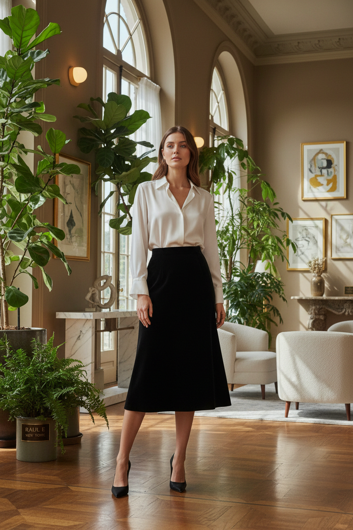 Black fitted A-line velvet skirt lifestyle image