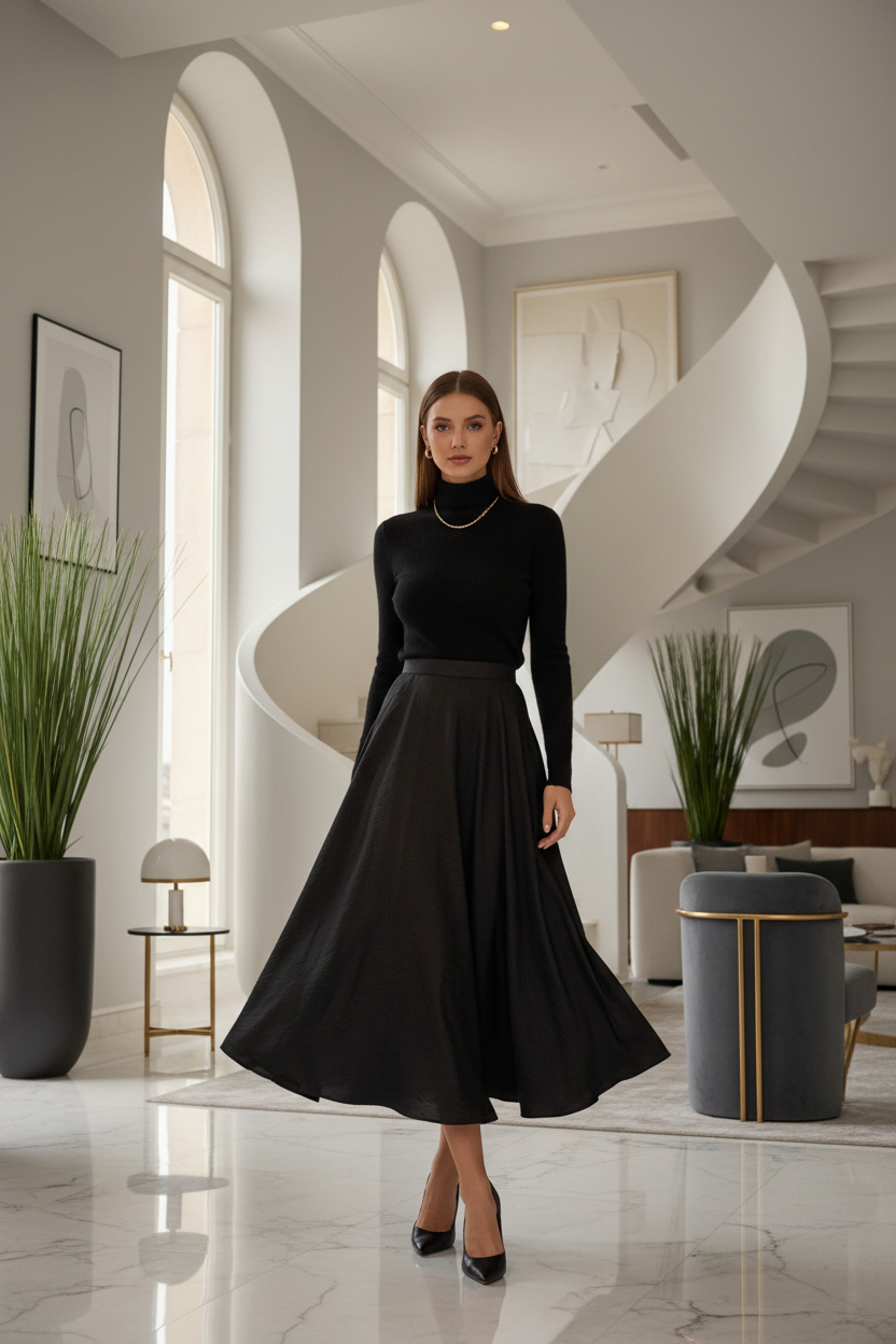 Black flowy below-knee skirt lifestyle image