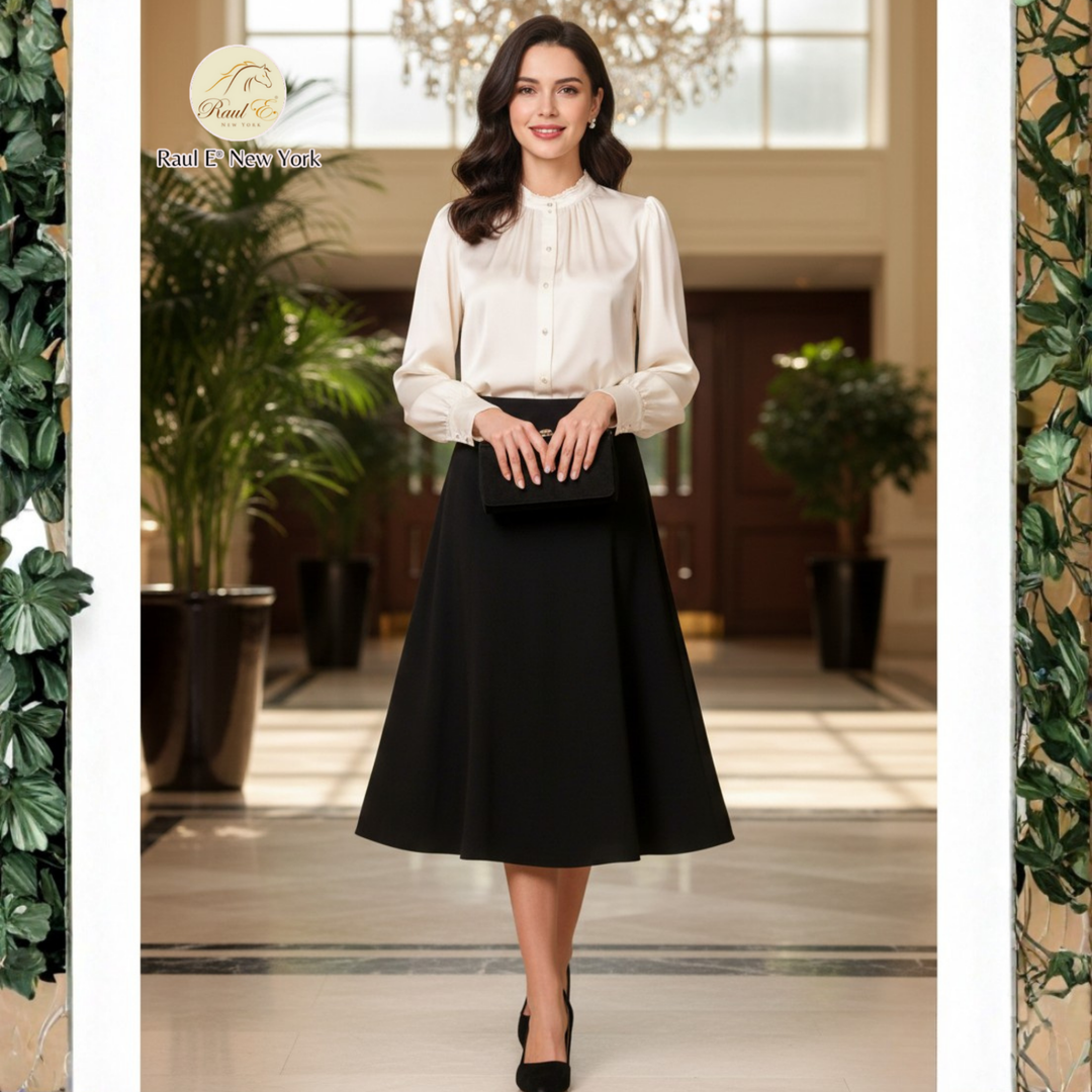 Black vintage-style midi skirt paired with white blouse and clutch - Raul E New York