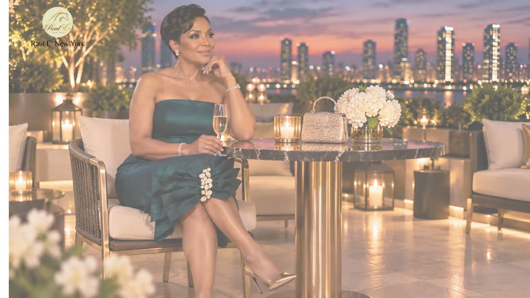 Strapless Cocktail Dress with Crystal Bow in Teal, styled for an evening on a rooftop terrace - Raul E® New York