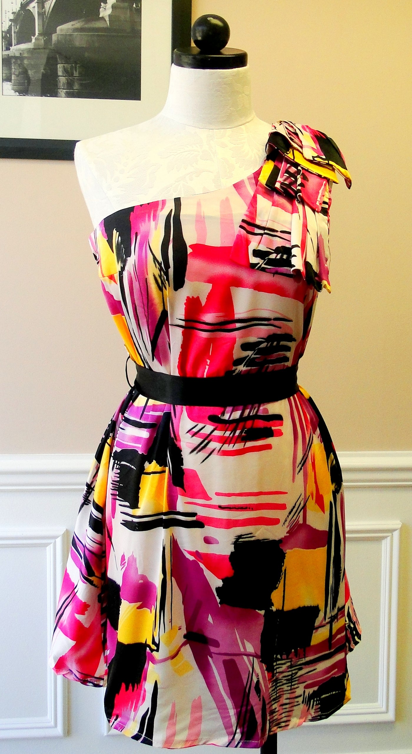 One Shoulder Belted Printed Dress