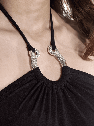 Black Halter Dress-Crystal Horseshoe Embellishment