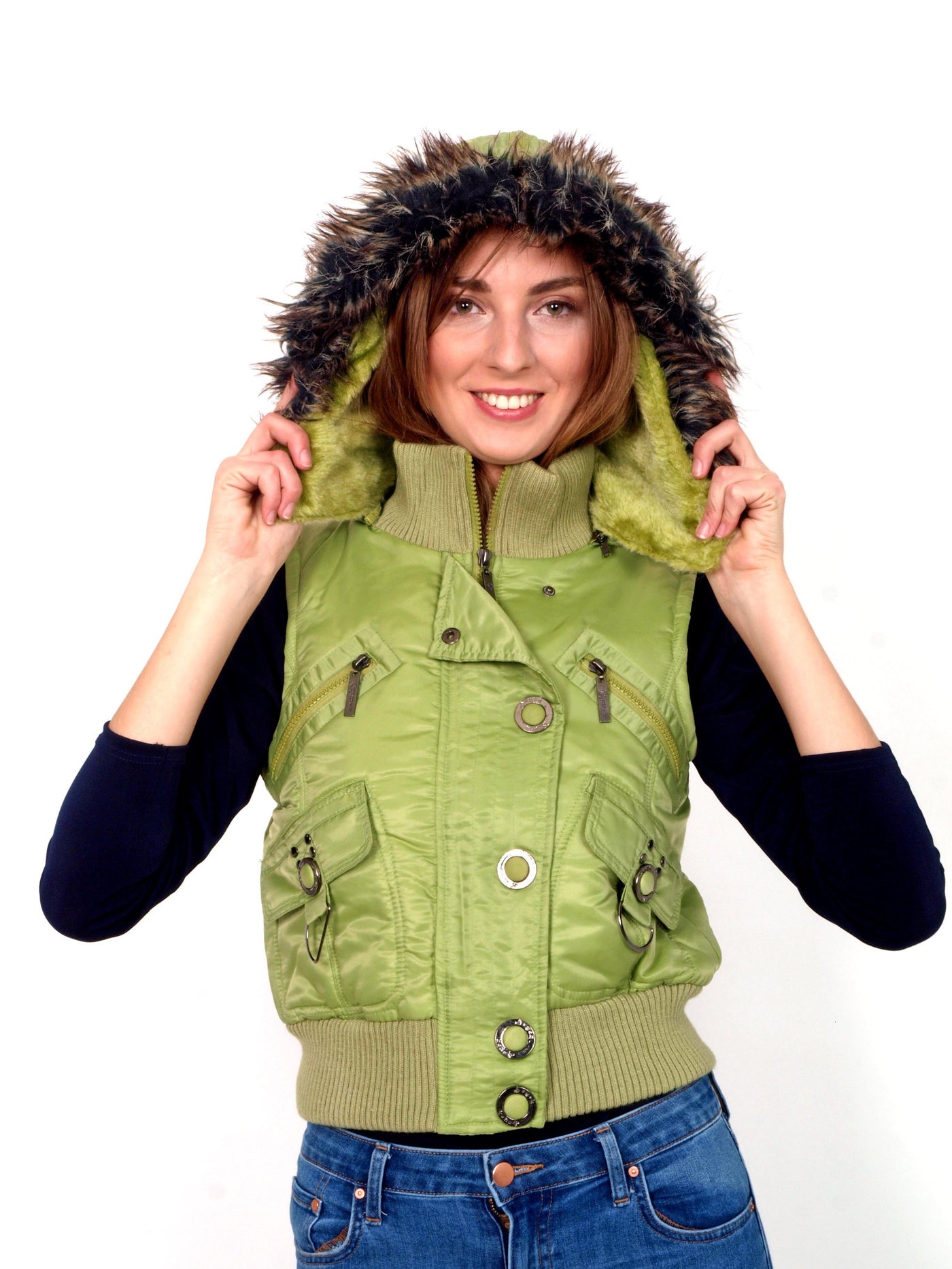 Warm green vest with faux fur